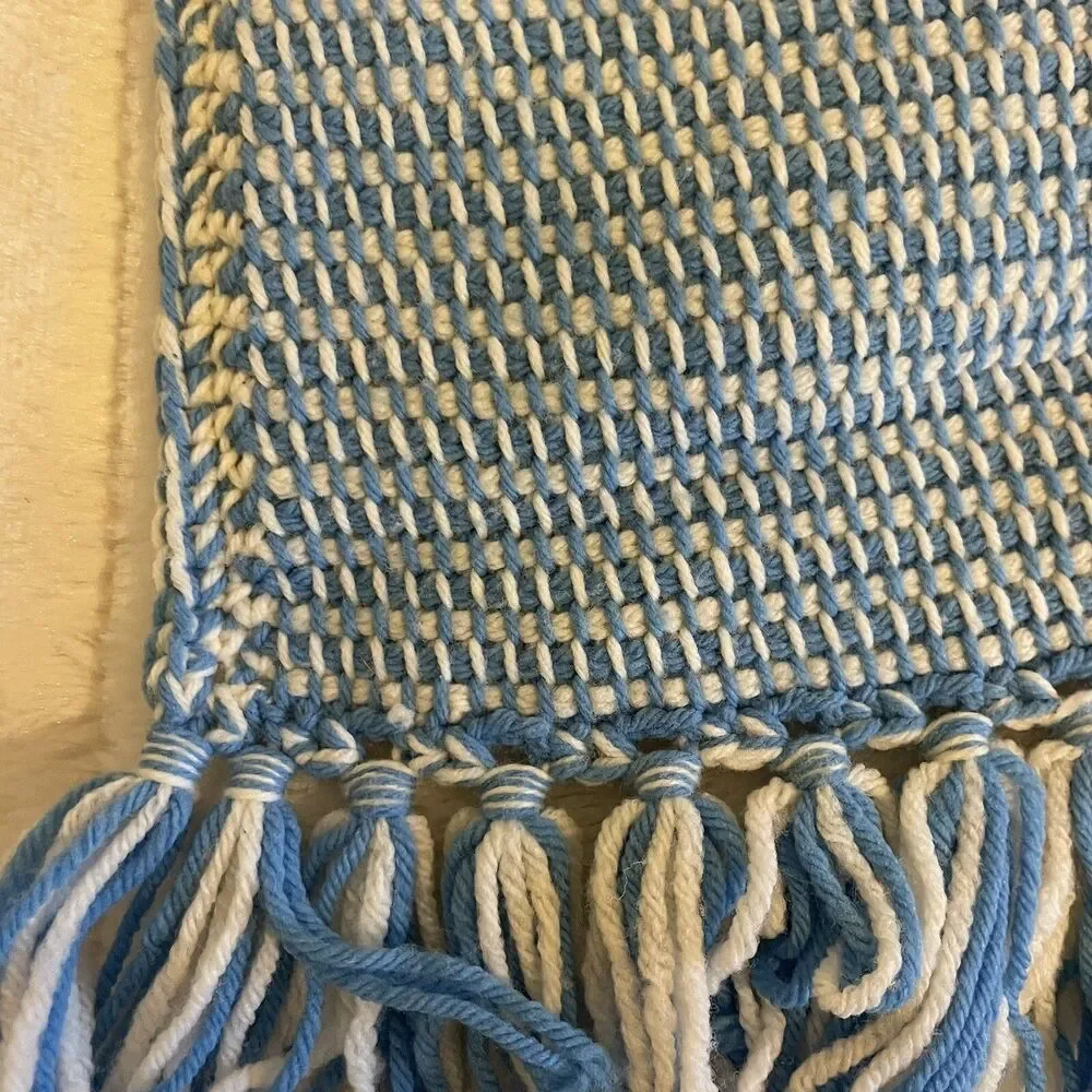 Handmade Crocheted Granny Square Bird Afghan Throw Lap Blanket Blue Cream 46x64”